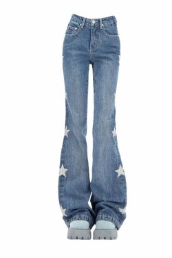 Y2K Retro Star Denim Flare Pants - 90s Grunge, Summer Outfits, Y2K Club & Party Fashion
