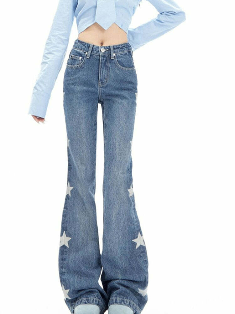 Y2K Retro Star Denim Flare Pants - 90s Grunge, Summer Outfits, Y2K Club & Party Fashion