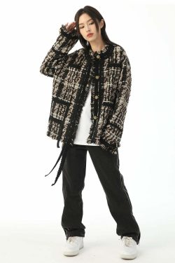Y2K Retro Tweed Plaid Jacket - 90s Grunge, Y2K Summer Outfits, Y2K Club & Party Fashion