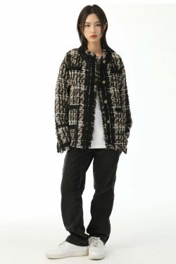 Y2K Retro Tweed Plaid Jacket - 90s Grunge, Y2K Summer Outfits, Y2K Club & Party Fashion