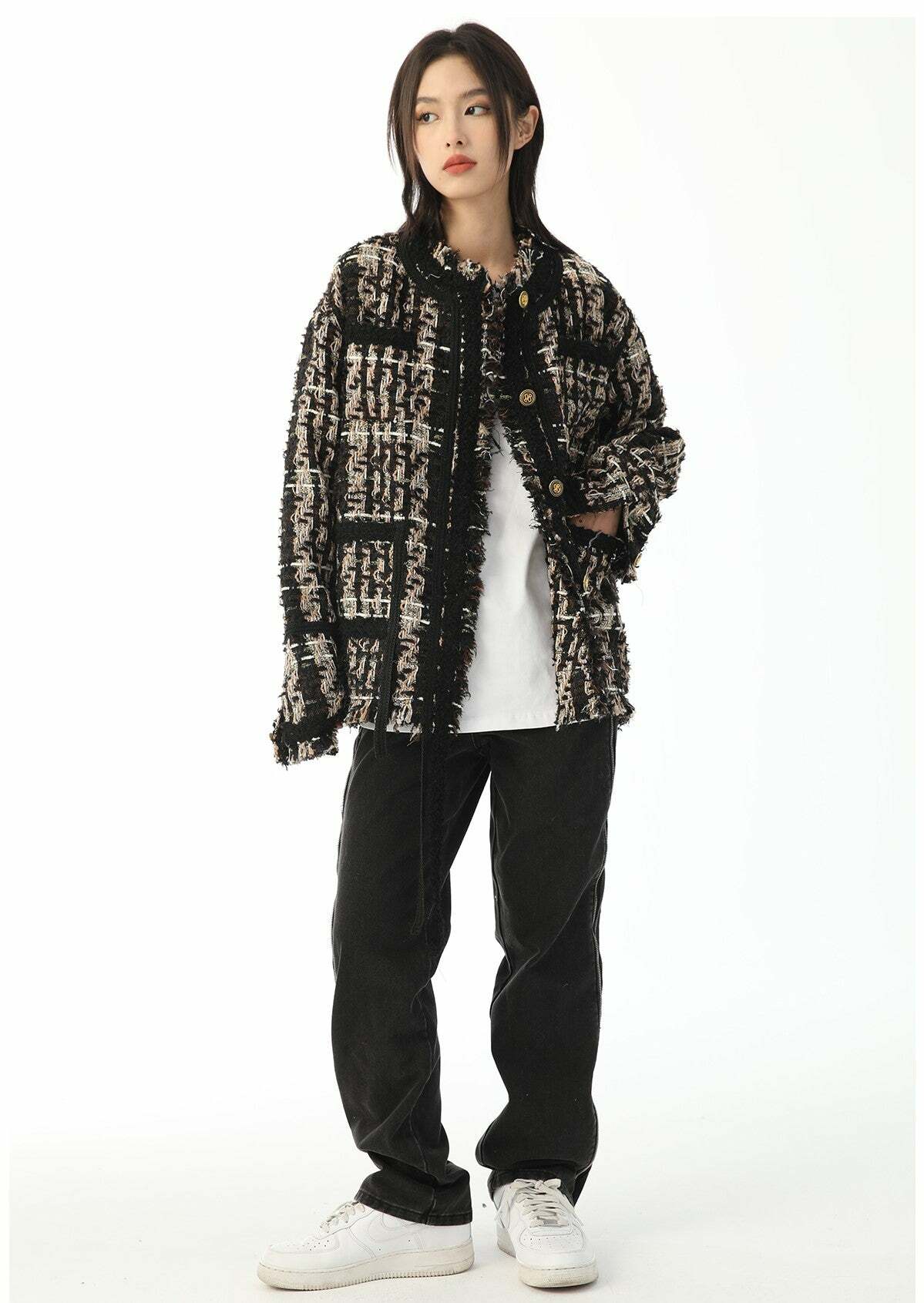 Y2K Retro Tweed Plaid Jacket - 90s Grunge, Y2K Summer Outfits, Y2K Club & Party Fashion