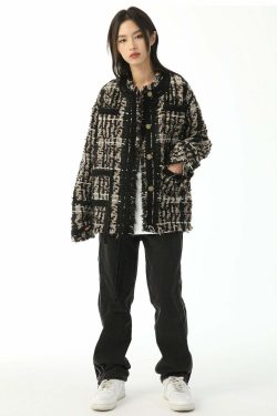 Y2K Retro Tweed Plaid Jacket - 90s Grunge, Y2K Summer Outfits, Y2K Club & Party Fashion