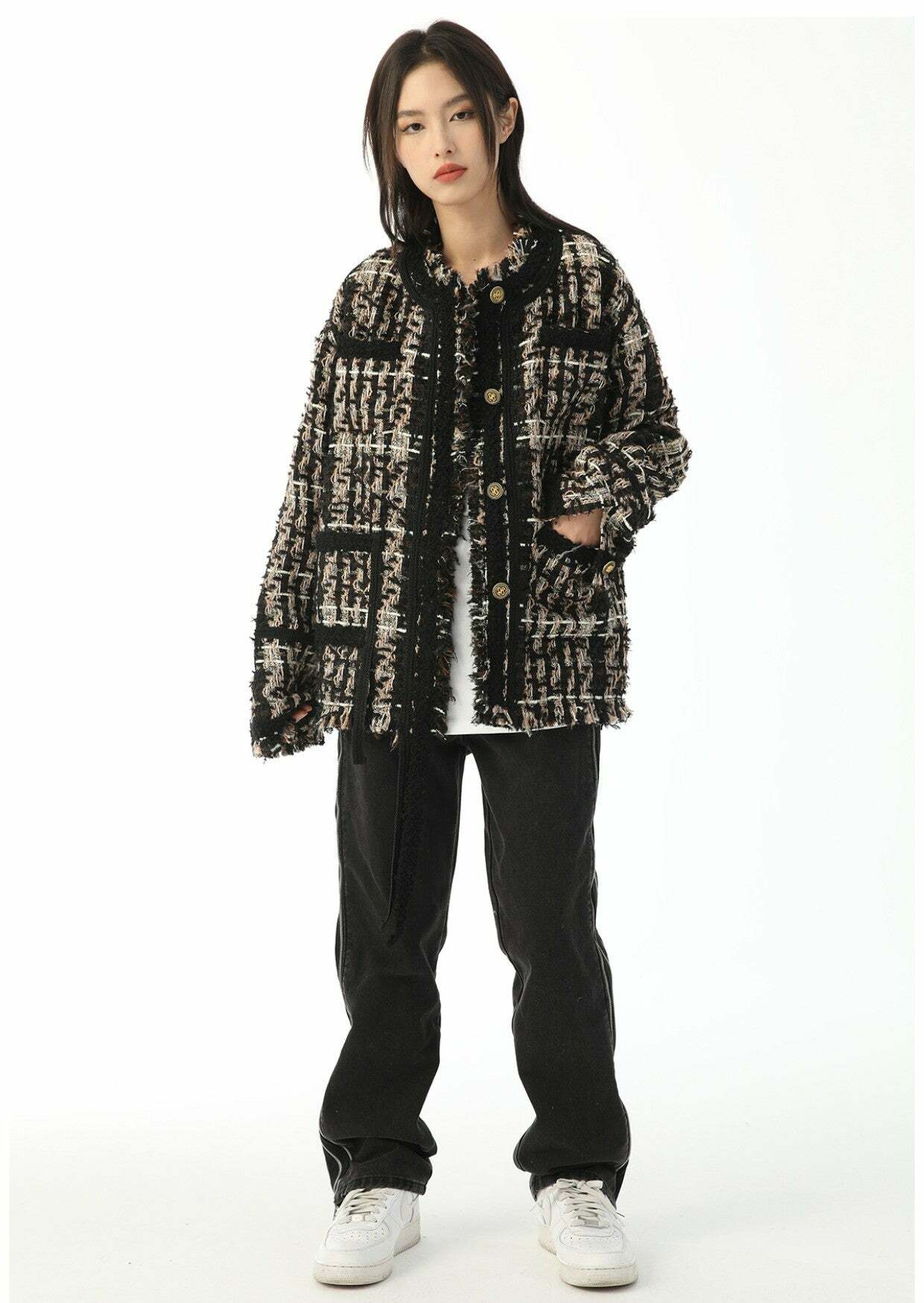 Y2K Retro Tweed Plaid Jacket - 90s Grunge, Y2K Summer Outfits, Y2K Club & Party Fashion