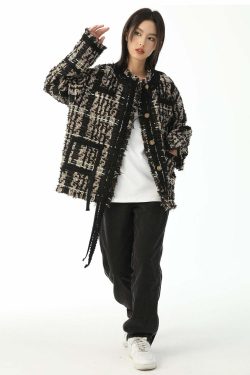 Y2K Retro Tweed Plaid Jacket - 90s Grunge, Y2K Summer Outfits, Y2K Club & Party Fashion