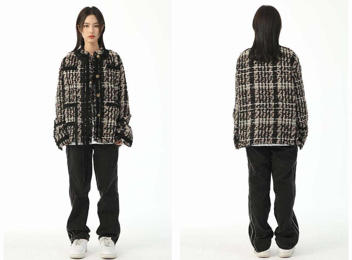 Y2K Retro Tweed Plaid Jacket - 90s Grunge, Y2K Summer Outfits, Y2K Club & Party Fashion