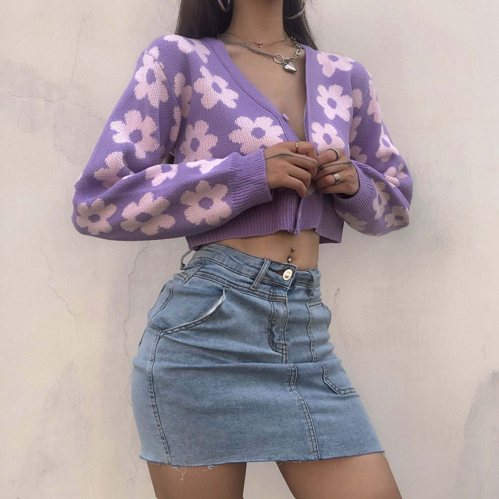 Y2K Retro Vintage Flower Cardigan - 90s Grunge, Summer Outfits, Pastel Goth, Y2K Fashion
