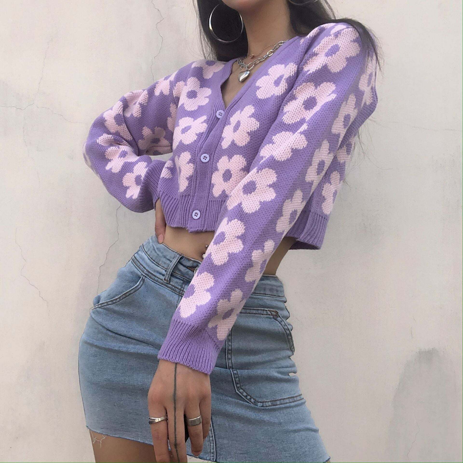 Y2K Retro Vintage Flower Cardigan - 90s Grunge, Summer Outfits, Pastel Goth, Y2K Fashion