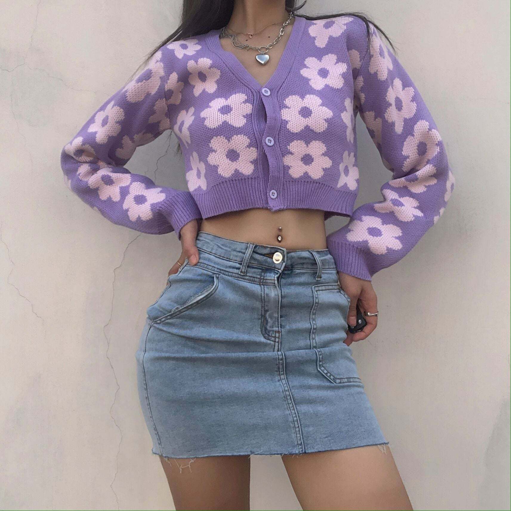 Y2K Retro Vintage Flower Cardigan - 90s Grunge, Summer Outfits, Pastel Goth, Y2K Fashion