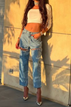 Y2K Rhinestone Cut Out Denim Jeans - 90s Grunge, Retro, Summer, Party, and Club Outfits