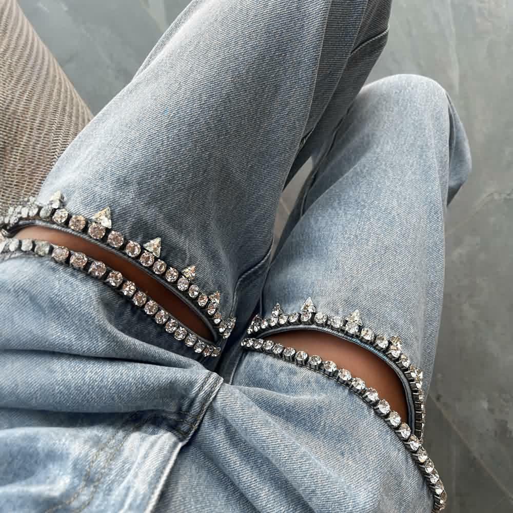 Y2K Rhinestone Cut Out Denim Jeans - 90s Grunge, Retro, Summer, Party, and Club Outfits