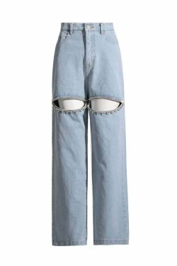 Y2K Rhinestone Cut Out Denim Jeans - 90s Grunge, Retro, Summer, Party, and Club Outfits