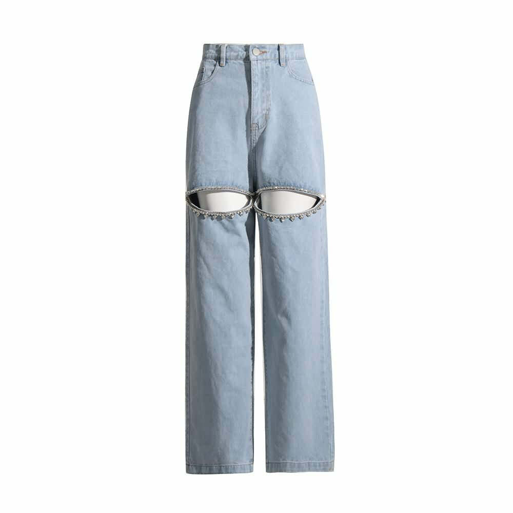 Y2K Rhinestone Cut Out Denim Jeans - 90s Grunge, Retro, Summer, Party, and Club Outfits