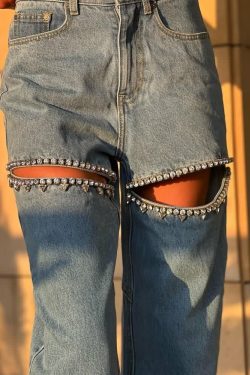 Y2K Rhinestone Cut Out Denim Jeans - 90s Grunge, Retro, Summer, Party, and Club Outfits