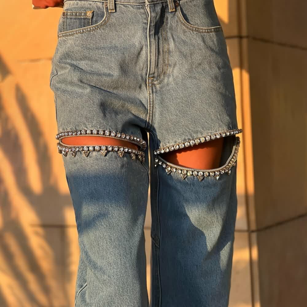 Y2K Rhinestone Cut Out Denim Jeans - 90s Grunge, Retro, Summer, Party, and Club Outfits