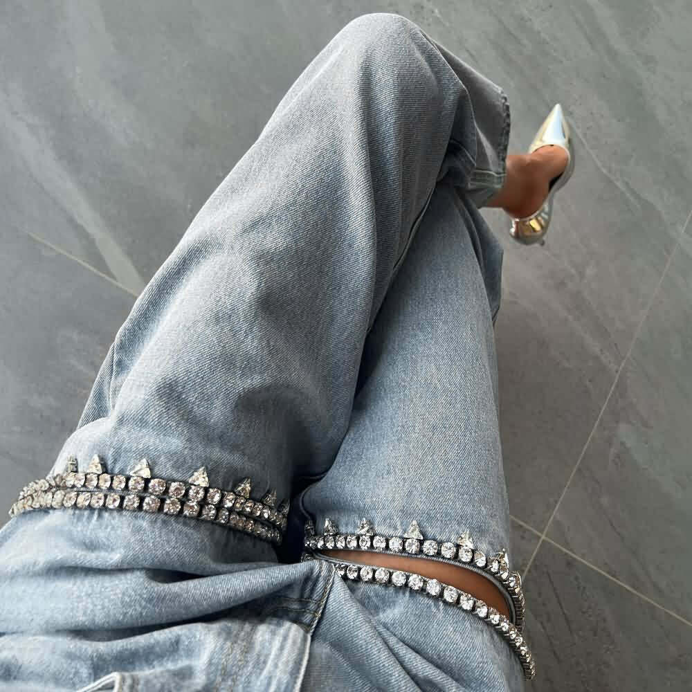 Y2K Rhinestone Cut Out Denim Jeans - 90s Grunge, Retro, Summer, Party, and Club Outfits