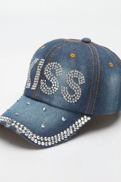 Y2K Rhinestone Denim Cap - Perfect for Y2K Summer, 90s Grunge, and Retro Party Outfits