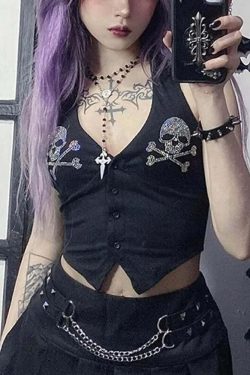 Y2K Rhinestone Gothic Skull Halter Crop Top - 90s Grunge, Retro, Pastel Goth, Y2K Party Outfit