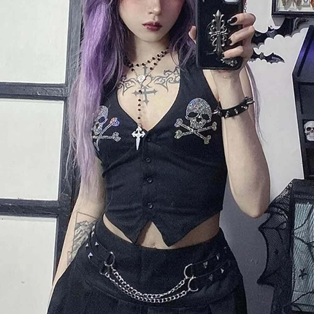 Y2K Rhinestone Gothic Skull Halter Crop Top - 90s Grunge, Retro, Pastel Goth, Y2K Party Outfit