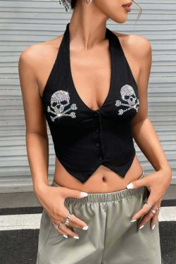 Y2K Rhinestone Gothic Skull Halter Crop Top - 90s Grunge, Retro, Pastel Goth, Y2K Party Outfit