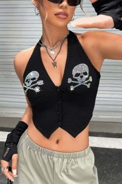 Y2K Rhinestone Gothic Skull Halter Crop Top - 90s Grunge, Retro, Pastel Goth, Y2K Party Outfit