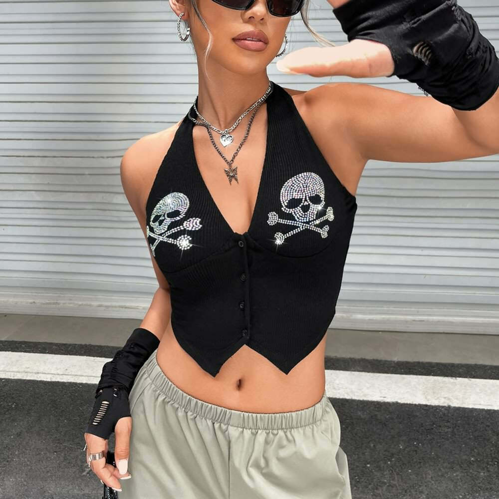 Y2K Rhinestone Gothic Skull Halter Crop Top - 90s Grunge, Retro, Pastel Goth, Y2K Party Outfit