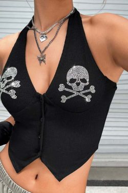 Y2K Rhinestone Gothic Skull Halter Crop Top - 90s Grunge, Retro, Pastel Goth, Y2K Party Outfit