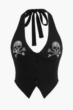 Y2K Rhinestone Gothic Skull Halter Crop Top - 90s Grunge, Retro, Pastel Goth, Y2K Party Outfit