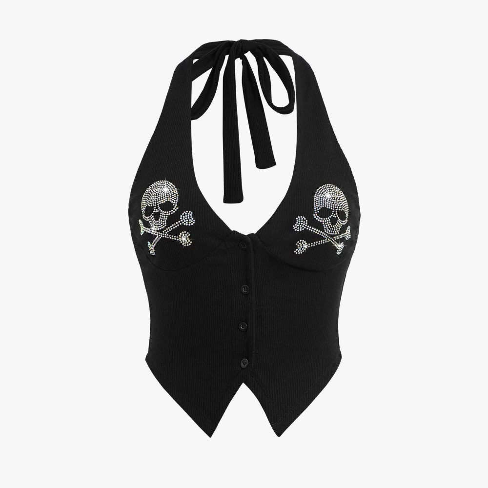 Y2K Rhinestone Gothic Skull Halter Crop Top - 90s Grunge, Retro, Pastel Goth, Y2K Party Outfit
