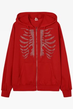 Y2K Rhinestone Skeleton Hoodie - 90s Grunge, Retro Goth, Y2K Party & Club Outfits