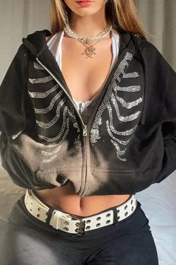 Y2K Rhinestone Skeleton Hoodie - 90s Grunge, Retro Goth, Y2K Party & Club Outfits