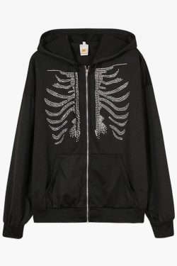 Y2K Rhinestone Skeleton Hoodie - 90s Grunge, Retro Goth, Y2K Party & Club Outfits
