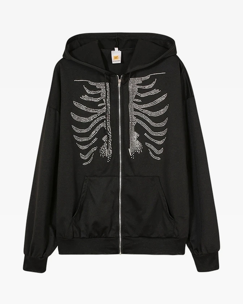 Y2K Rhinestone Skeleton Hoodie - 90s Grunge, Retro Goth, Y2K Party & Club Outfits