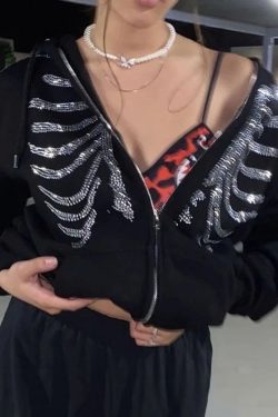 Y2K Rhinestone Skeleton Hoodie - 90s Grunge, Retro Goth, Y2K Party & Club Outfits