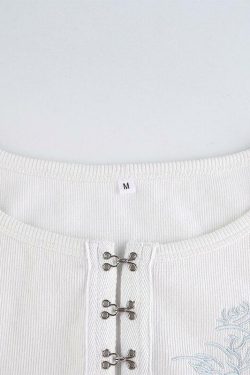 Y2K Rose Embroidered Crop Shirt - 90s Grunge, Retro Summer, Y2K Party & Club Outfits