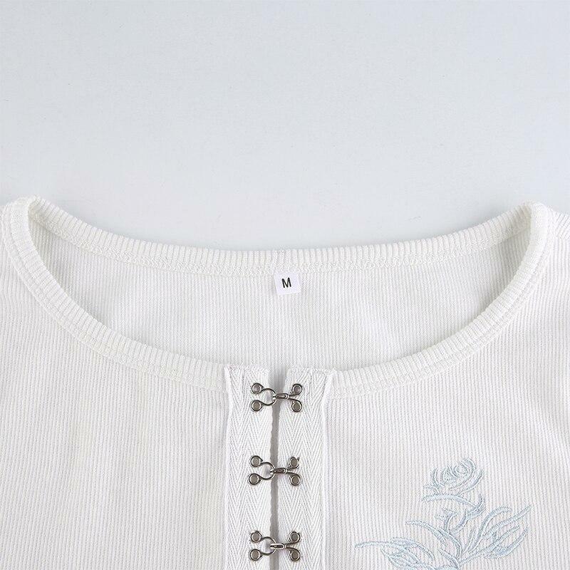 Y2K Rose Embroidered Crop Shirt - 90s Grunge, Retro Summer, Y2K Party & Club Outfits