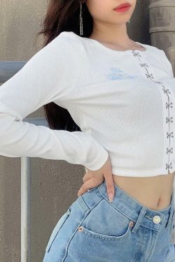 Y2K Rose Embroidered Crop Shirt - 90s Grunge, Retro Summer, Y2K Party & Club Outfits