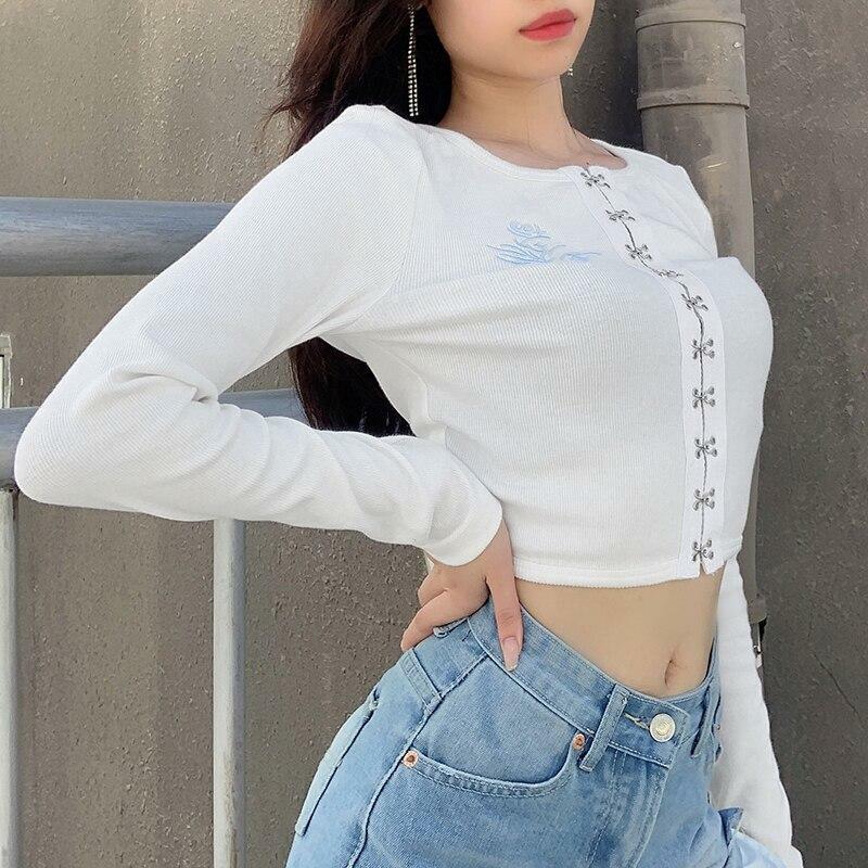 Y2K Rose Embroidered Crop Shirt - 90s Grunge, Retro Summer, Y2K Party & Club Outfits