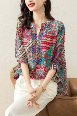 Y2K Rose Print Patchwork Chiffon V-Neck Top - 90s Grunge Summer Fashion