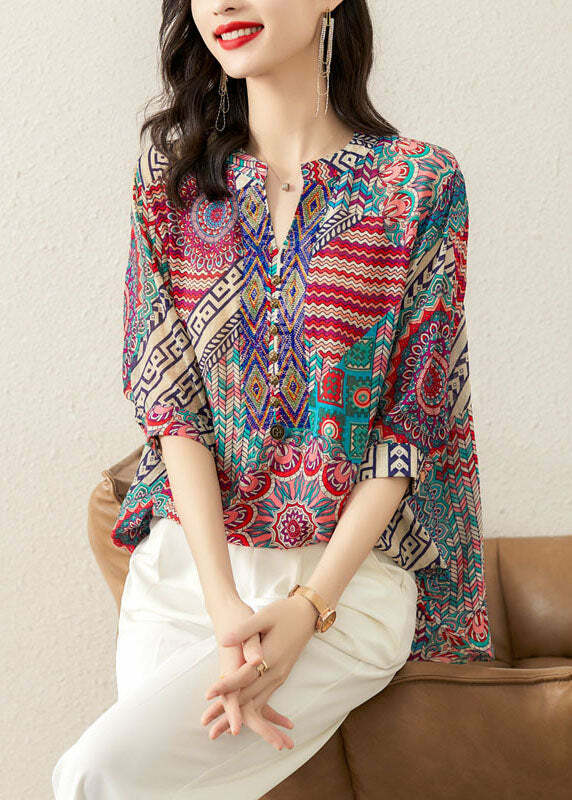 Y2K Rose Print Patchwork Chiffon V-Neck Top - 90s Grunge Summer Fashion
