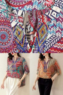 Y2K Rose Print Patchwork Chiffon V-Neck Top - 90s Grunge Summer Fashion