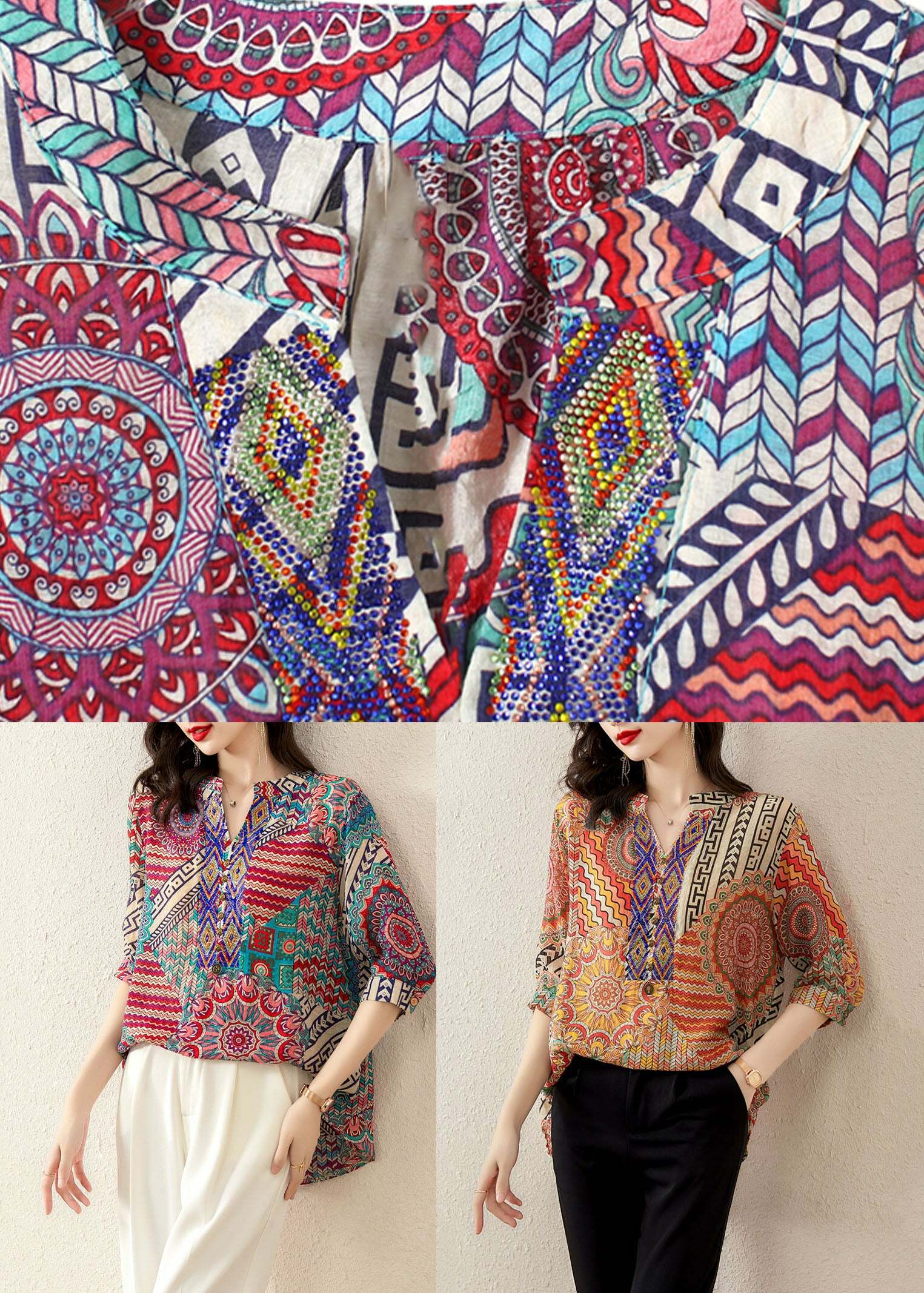 Y2K Rose Print Patchwork Chiffon V-Neck Top - 90s Grunge Summer Fashion