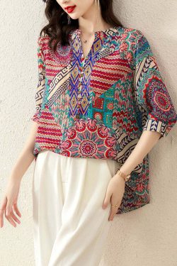 Y2K Rose Print Patchwork Chiffon V-Neck Top - 90s Grunge Summer Fashion