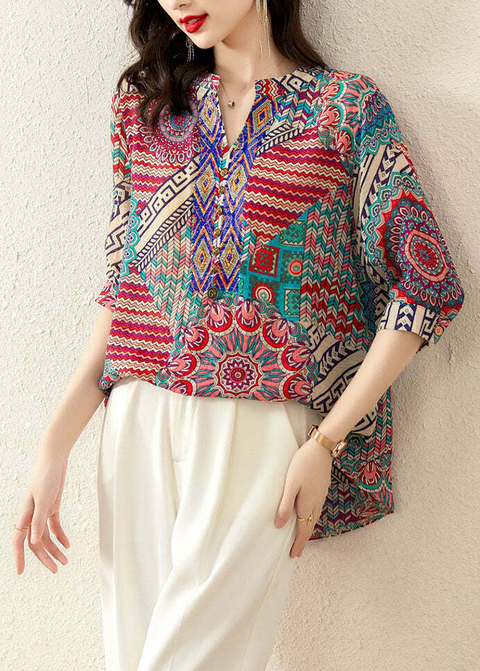 Y2K Rose Print Patchwork Chiffon V-Neck Top - 90s Grunge Summer Fashion