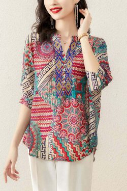 Y2K Rose Print Patchwork Chiffon V-Neck Top - 90s Grunge Summer Fashion