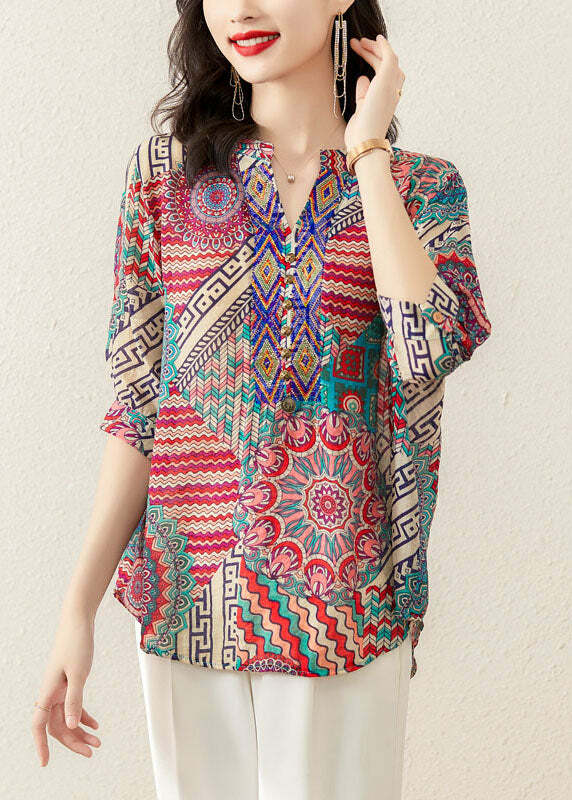 Y2K Rose Print Patchwork Chiffon V-Neck Top - 90s Grunge Summer Fashion