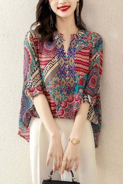 Y2K Rose Print Patchwork Chiffon V-Neck Top - 90s Grunge Summer Fashion