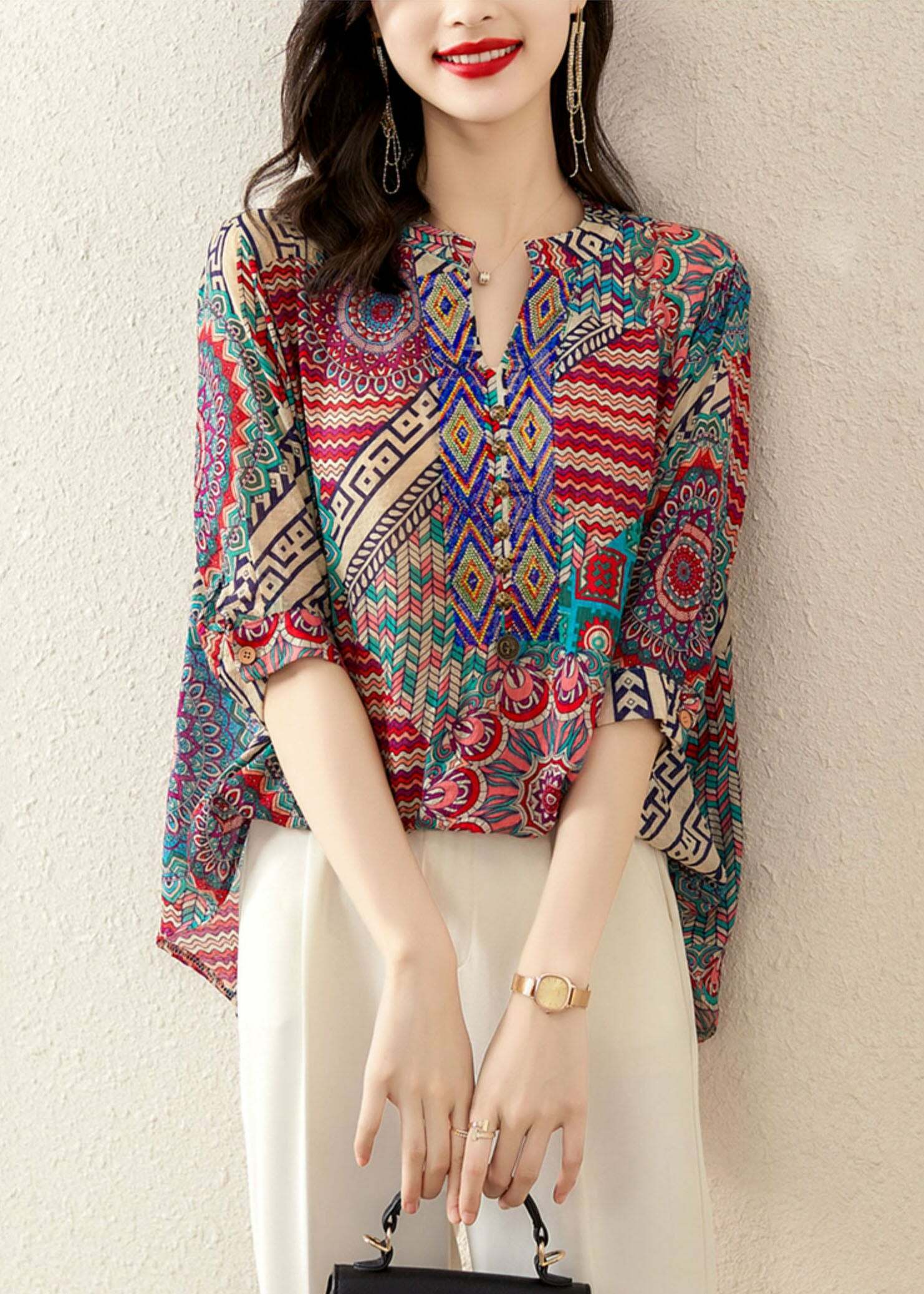 Y2K Rose Print Patchwork Chiffon V-Neck Top - 90s Grunge Summer Fashion