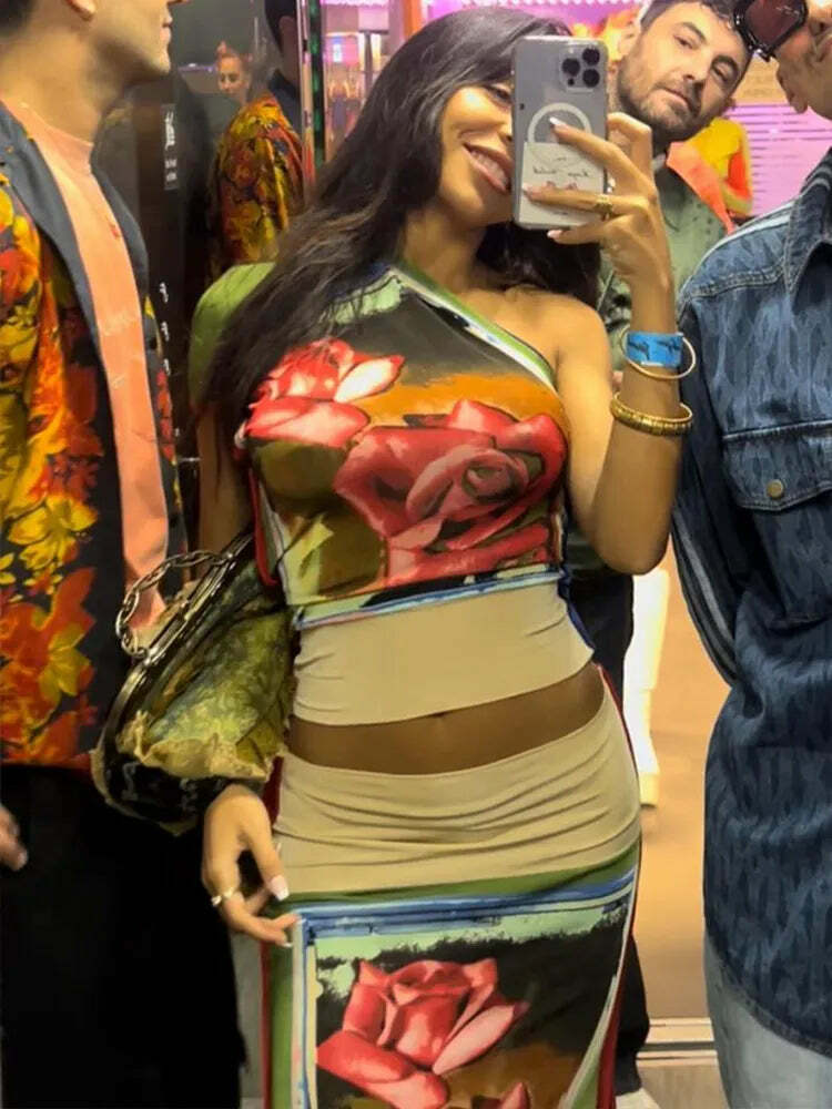Y2K Rose Printed Skirt Set - 90s Grunge Summer Outfit, Retro Y2K Fashion for Women