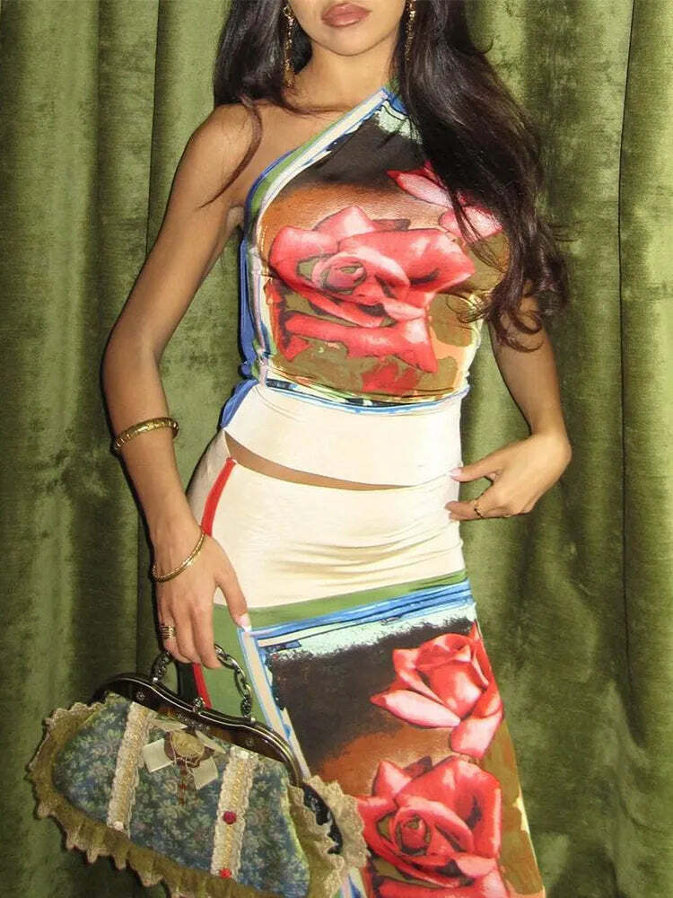 Y2K Rose Printed Skirt Set - 90s Grunge Summer Outfit, Retro Y2K Fashion for Women