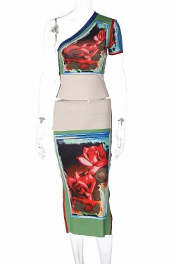 Y2K Rose Printed Skirt Set - 90s Grunge Summer Outfit, Retro Y2K Fashion for Women